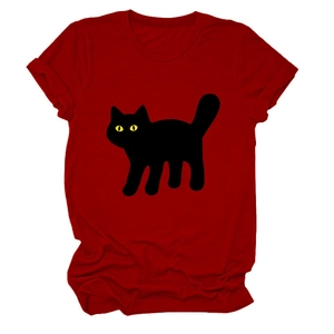 Detail of dark red crew neck t-shirt featuring black cat silhouette with yellow eyes