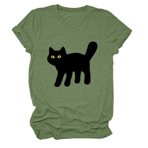 Detailed view of green cotton T-shirt featuring a cartoon black cat with yellow eyes