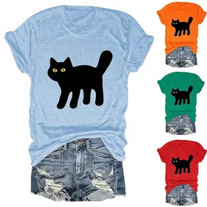 Women T-Shirt Cotton Blend Black Cat Graphic Print Round Neck Short Sleeve Casual Summer Fashion Top