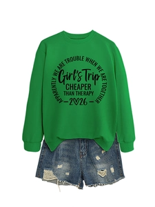 Green long sleeve sweatshirt and ripped denim shorts outfit set with Girls Trip print
