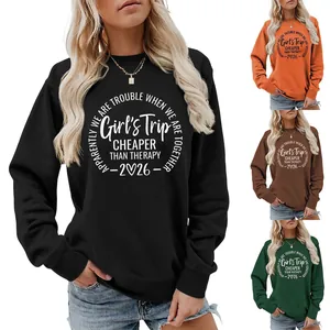 Women Crewneck Sweatshirt Pure Cotton Long Sleeve Loose Funny Letter Print Girls Trip 2026 Travel Casual Pullover Tops