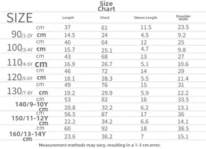 Detailed kids clothing size chart with measurements for length, bust, and sleeves in cm and inch