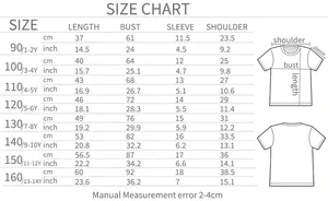 Detailed size chart for kids short sleeve t-shirt from age 1 to 14 in cm and inches