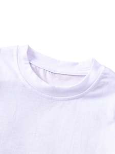 Close-up of the reinforced neckline stitching and ribbed collar detail on a white t-shirt