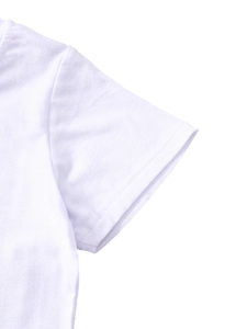 Detail shot of high-quality white cotton t-shirt sleeve stitching and knit texture