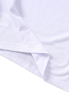 Close-up of double-needle stitching on the hem of a white cotton kids T-shirt