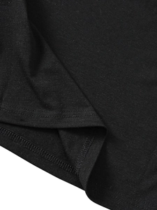 Detailed close-up of double-needle stitching and hem finish on kids black cotton t-shirt