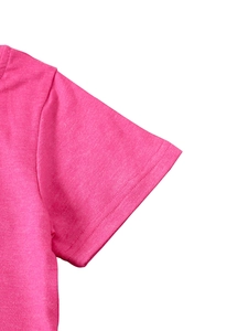Close-up of ribbed neckline and double-stitch sewing on rose pink cotton kids t-shirt