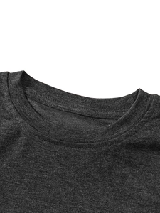 Close-up of the round neckline and double-needle stitching on a dark grey knit cotton T-shirt