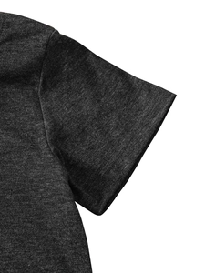 Detail of dark grey heather texture and neat stitching on kids short sleeve cotton shirt
