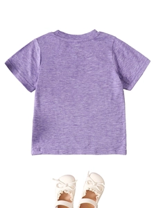 Detailed flat lay of purple knit cotton toddler t-shirt and white bow lace baby shoes