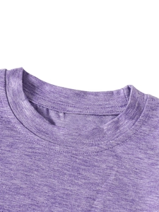 Close-up of heather purple round neckline with double-needle stitching detail
