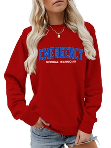 Detail of red crewneck sweatshirt with Emergency Medical Technician print and ribbed cuffs