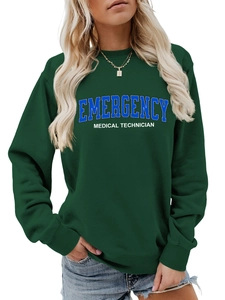 Detail of dark green sweatshirt with Emergency Medical Technician print and ribbed cuffs