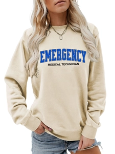 Detail of soft ribbed crewneck and professional emergency medical technician print