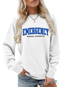 Close-up of Emergency Medical Technician print on white long sleeve cotton sweatshirt