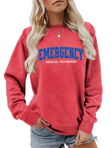 Front view of a red crewneck sweatshirt featuring Emergency Medical Technician text print
