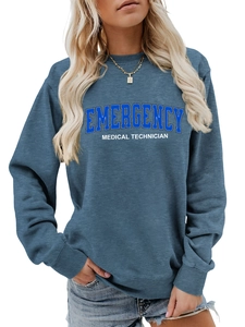 Detail of blue-grey sweatshirt featuring Emergency Medical Technician print on chest