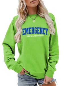 Detail of emergency medical technician text print on bright green long sleeve sweatshirt