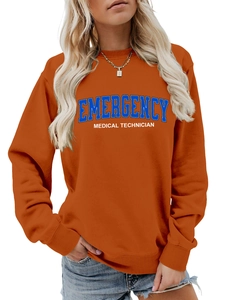 Detail of orange crewneck sweatshirt with Emergency Medical Technician blue and white print