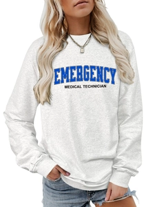 Detail of light grey sweatshirt featuring blue and black emergency medical technician print