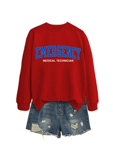 Detail of red long sleeve sweatshirt with blue medical technician lettering and denim shorts