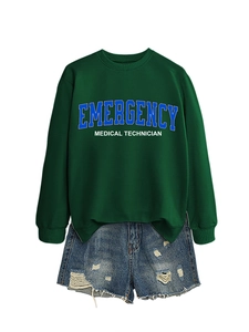 Deep green long sleeve sweatshirt with EMT print and frayed denim shorts set