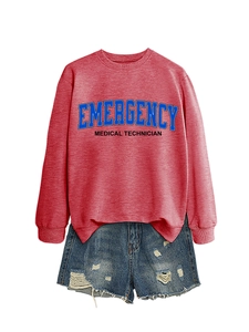 Close-up of red Emergency Medical Technician sweatshirt and distressed denim shorts set