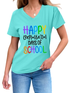 Dettaglio della stampa matematica Happy Days of School su t-shirt turchese scollo a V