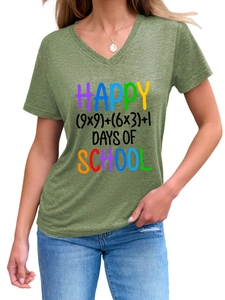 Dettaglio della maglietta verde con scollo a V e stampa matematica Happy Days of School