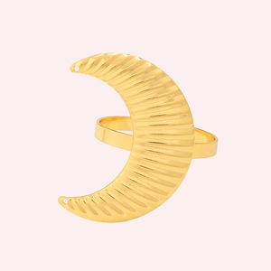 Golden crescent moon ring with ribbed texture and minimalist open band design