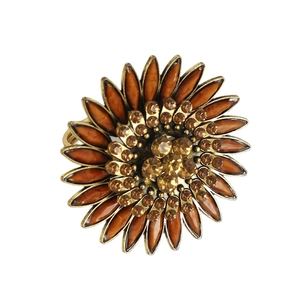 Vintage bronze sunflower napkin ring with amber resin petals and sparkling rhinestones