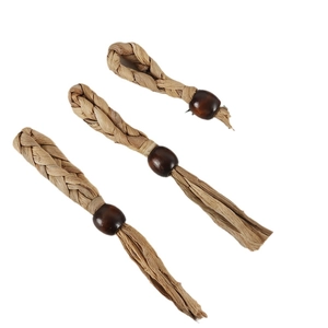 Set of three handmade napkin rings featuring woven straw tassels and brown wooden beads