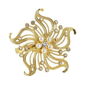 Portatovaglioli a fiore dorato con perle e strass per decorazione da tavola