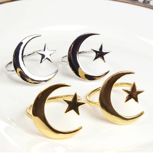 Star and moon metal napkin rings set in gold and silver finish for table decor