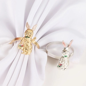 Easter rabbit napkin ring in gold and silver finish with colorful flower basket detail