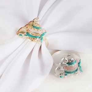 Easter rabbit napkin ring set with colorful enamel eggs in gold and silver finish
