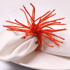 Handmade orange beaded coral napkin ring with gold band for wedding table decor