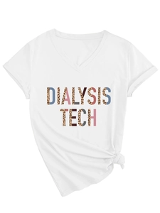 Detail view of V-neck white T-shirt featuring Dialysis Tech leopard print letters and side knot