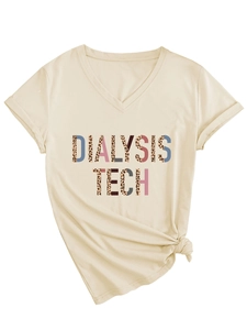 Detail of V-neck beige t-shirt featuring leopard print Dialysis Tech graphic and front knot