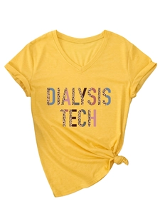 Detail of V-neck yellow T-shirt with leopard print Dialysis Tech lettering and hem knot