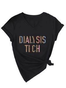 Detail of V-neck black T-shirt with Dialysis Tech leopard print and stylish side knot