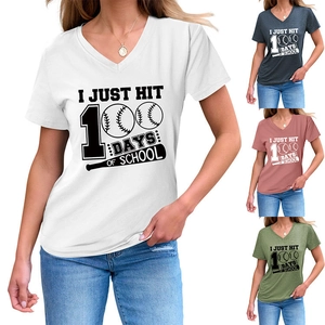V-neck short sleeve T-shirt color options in white, dark grey, pink and green