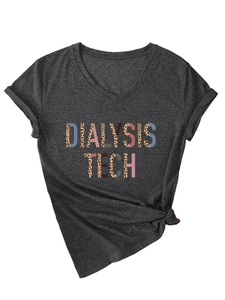Detail of grey V-neck T-shirt showing leopard print Dialysis Tech graphic design