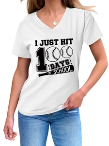 Close-up of white V-neck T-shirt with I Just Hit 100 Days of School baseball print
