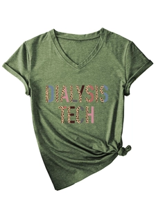 Army green V-neck T-shirt detail showing Dialysis Tech leopard print and knot hem