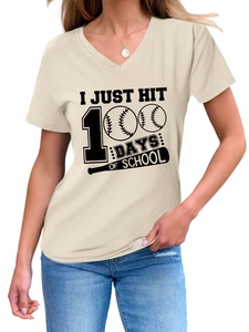 Detail of V-neck white T-shirt featuring I Just Hit 100 Days of School baseball print
