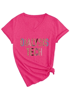 Detail of V-neck T-shirt with leopard print dialysis tech graphic and side knot design
