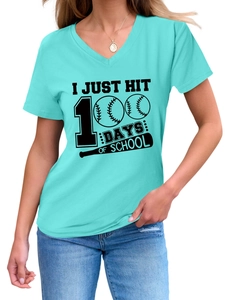 Detail of V-neck turquoise T-shirt featuring 100 Days of School baseball graphic print