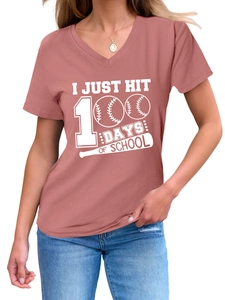 Detail of V-neck T-shirt showing I Just Hit 100 Days of School print on soft fabric